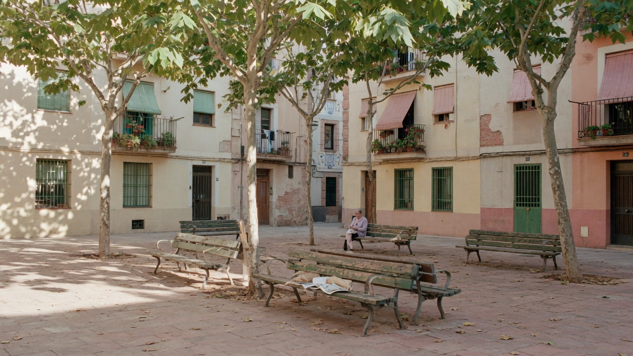 Small plaza in Gràcia, Barcelona, under plane trees