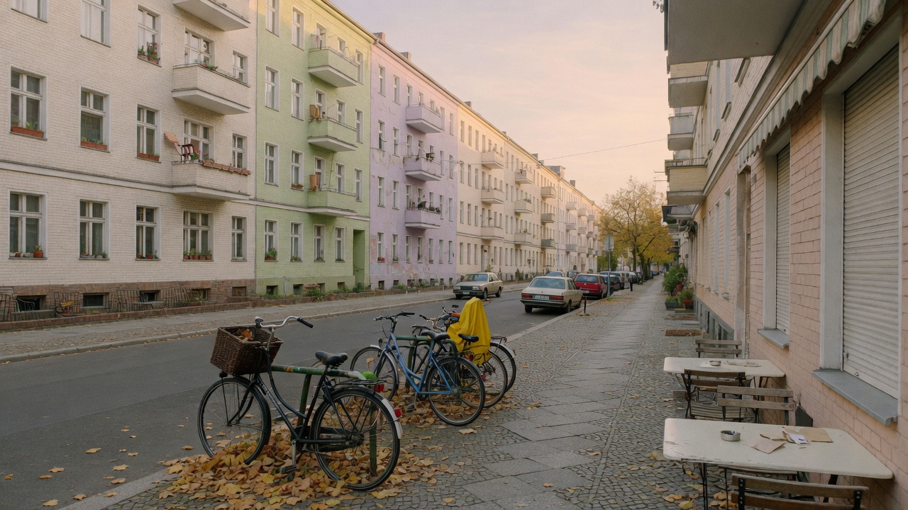 Quiet residential street in Neukölln, Berlin, with bicycles and soft autumn light