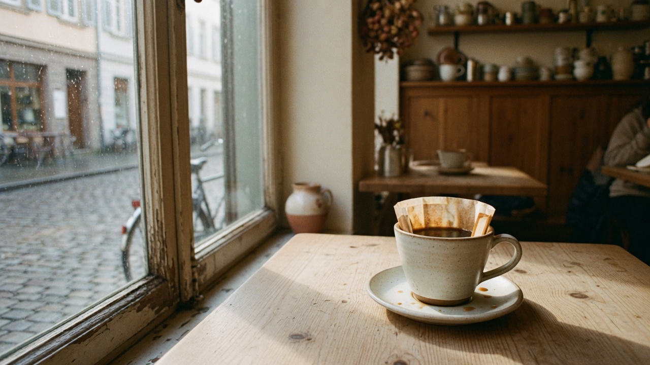 Ceramic cup of filter coffee on a wood table by a cafe window