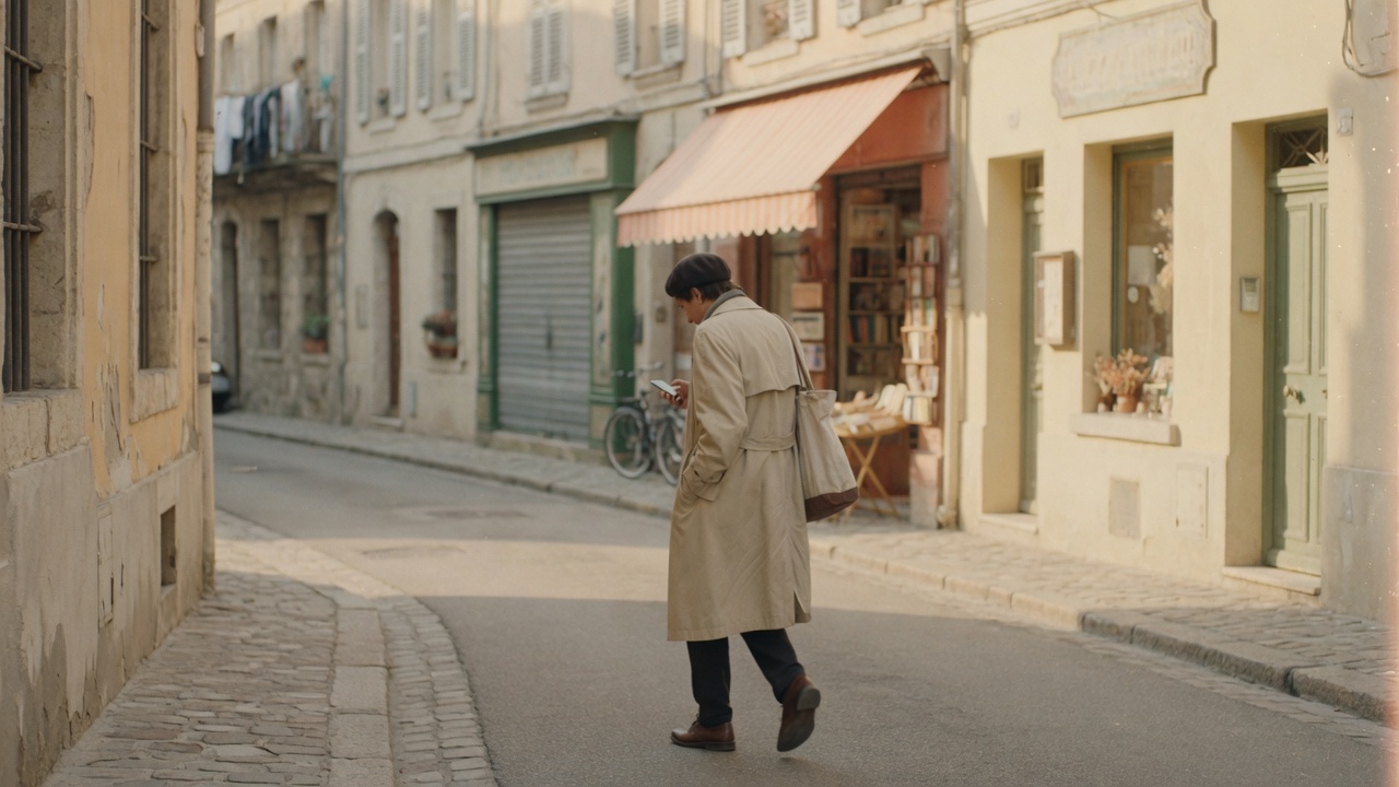 Traveller walking a quiet European street while checking directions on a phone