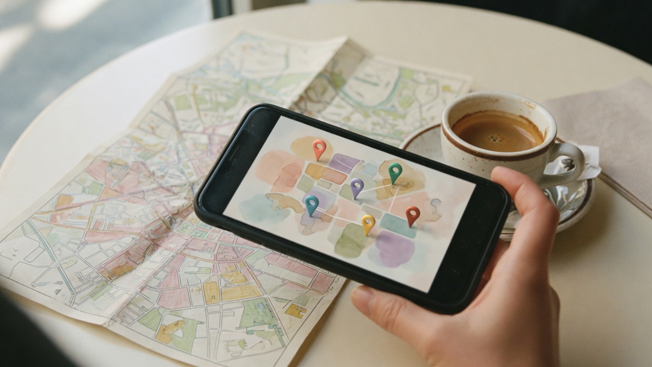 Hand holding a phone showing map pins above a paper city map and coffee