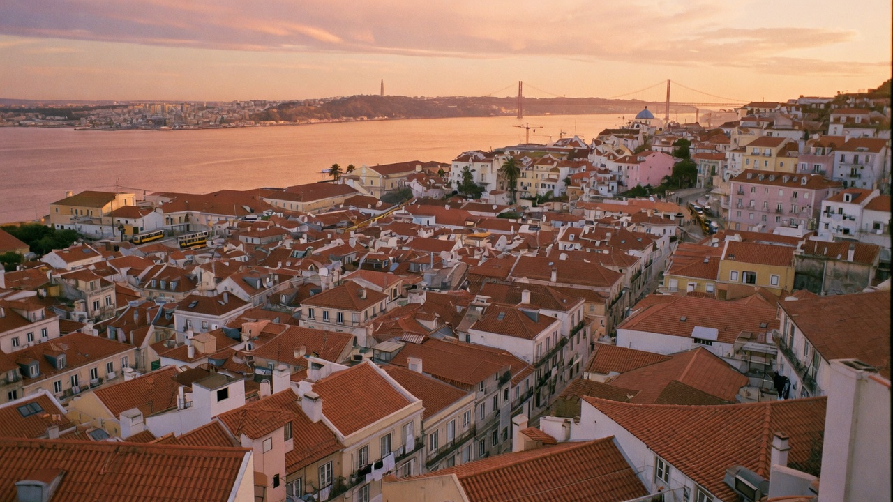 Lisbon hillside rooftops cascading toward the river at golden hour