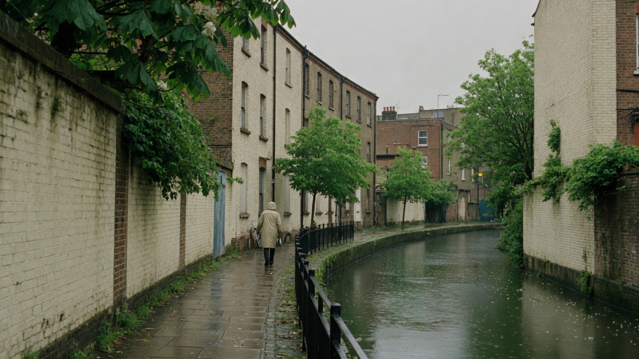 Quiet canal-side path in Hackney, London, after light rain