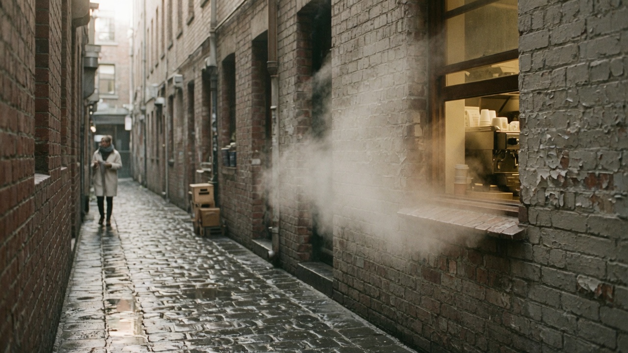 Melbourne laneway in soft morning light with brick walls and cobblestones