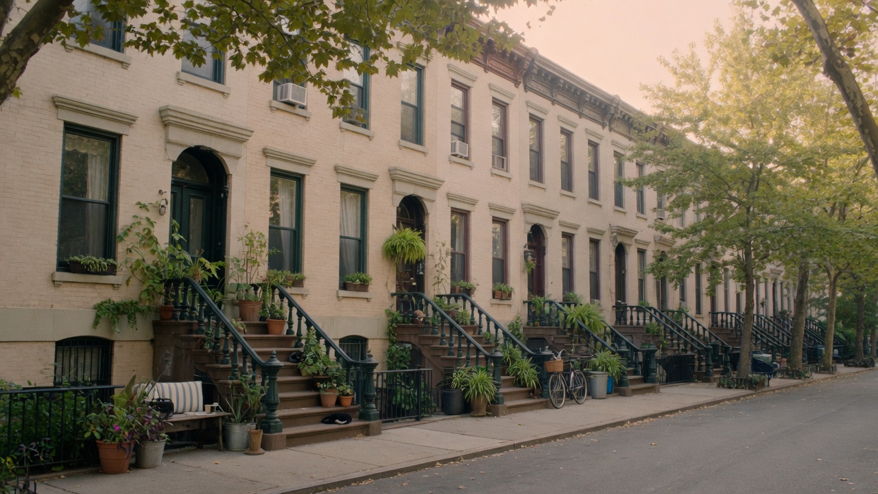 Leafy Brooklyn brownstone street in morning light