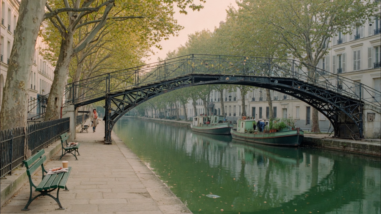 Canal Saint-Martin in Paris at soft morning light, iron footbridge and plane trees