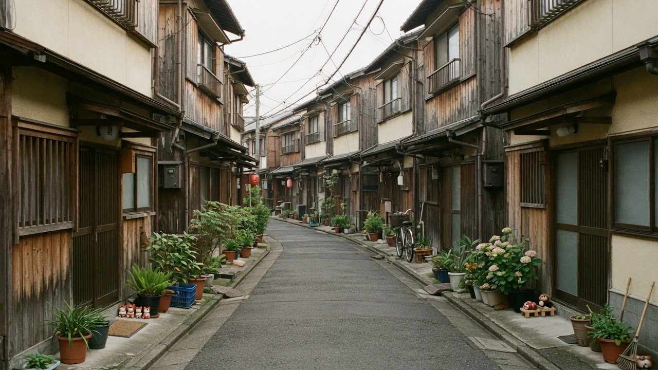 Narrow residential street in Yanaka, Tokyo, with low wooden houses